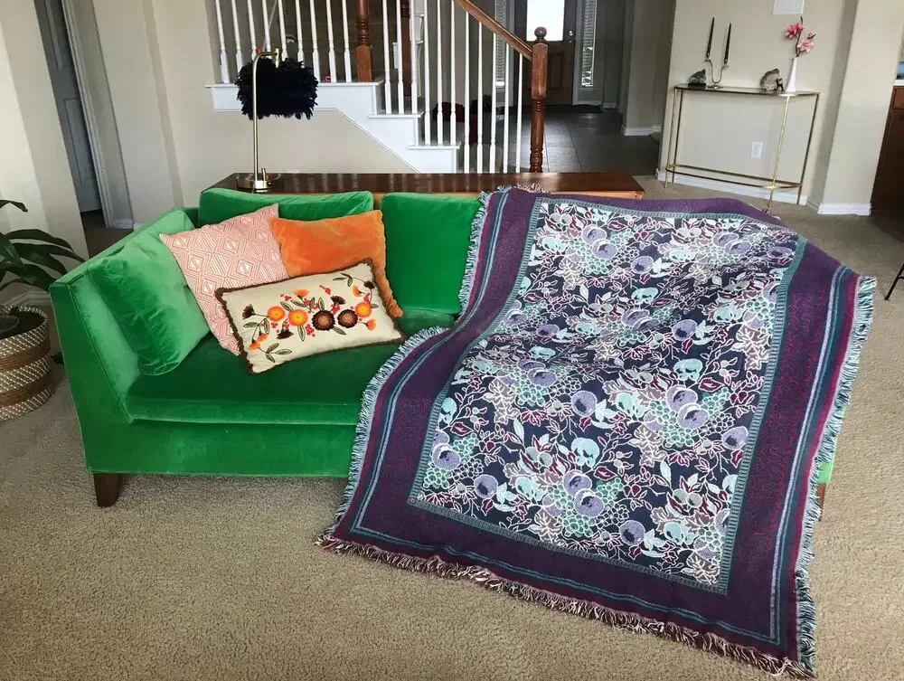 vintage 90s Reversible FRUIT PRINT plums, grapes, pears Fringe BLANKET afghan